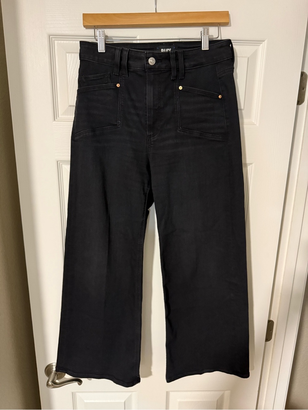 PAIGE Black Anessa Wide-Leg High-Rise Ankle Jeans Welt Pockets EUC